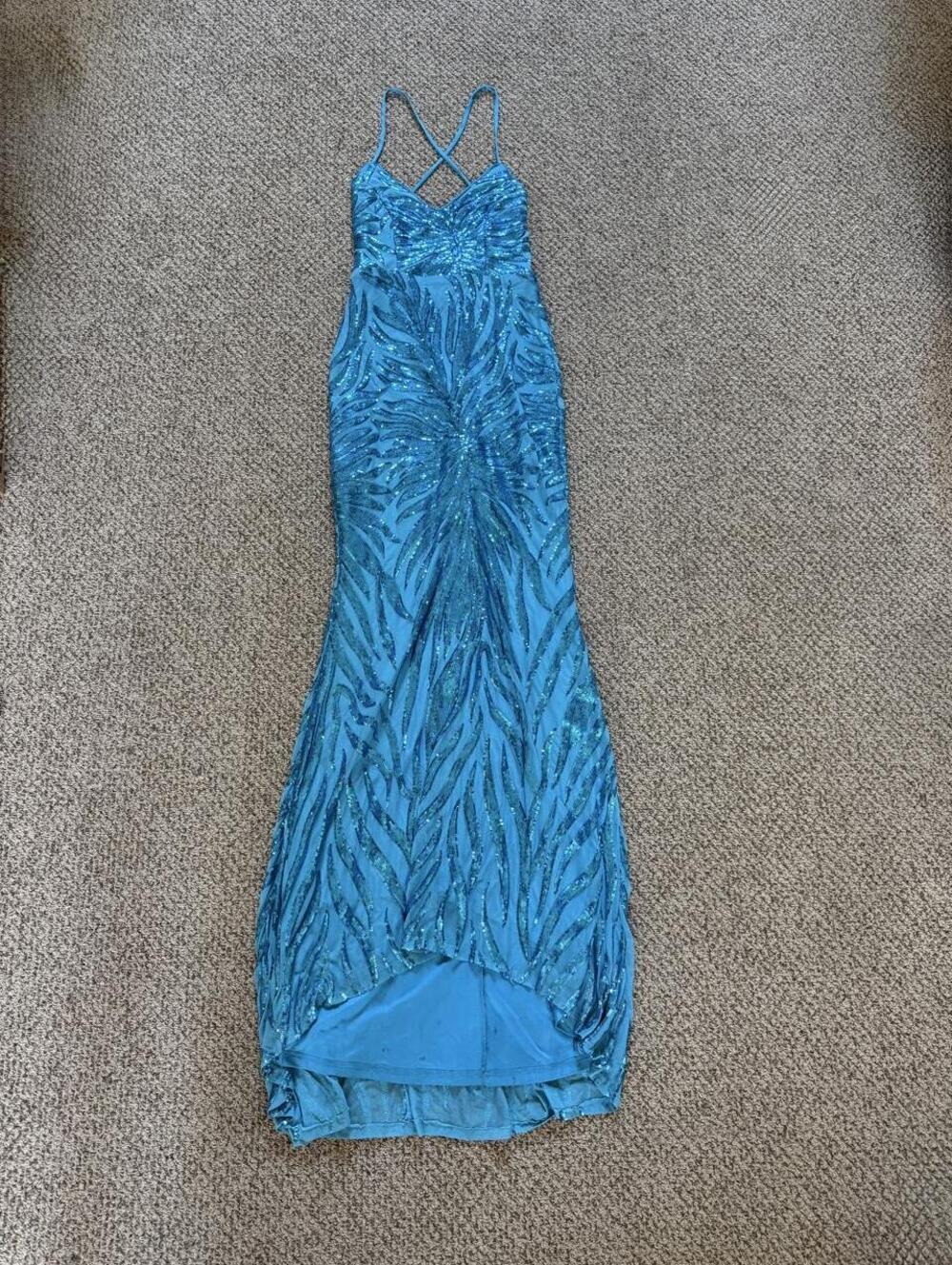 Lulus blue sequin prom maxi dress with zebra-like pattern